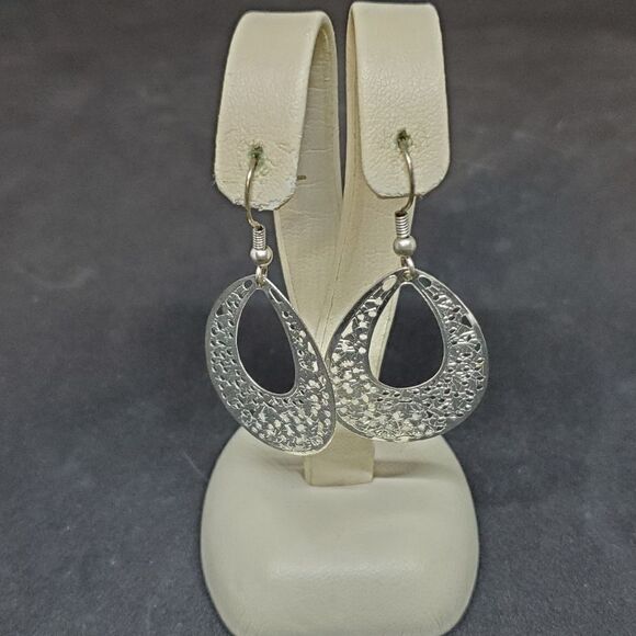 Silver Tone Dangling Teardrop Earrings - Picture 2 of 2